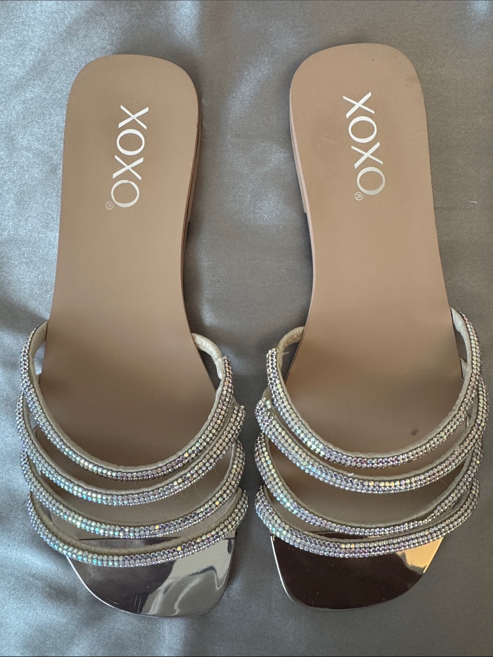 XOXO Women's Iridescent Crystal Multi-Strap Slide Sandals